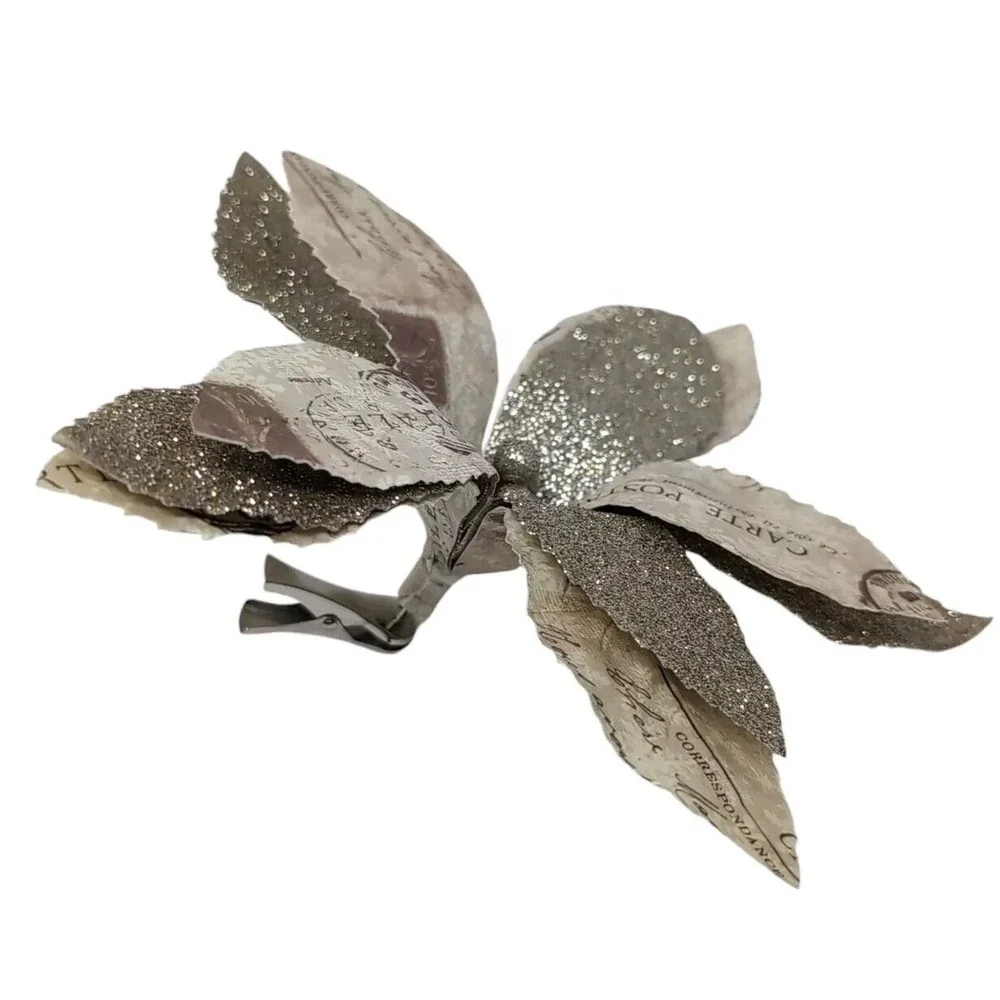 Poinsettia Christmas Ornaments Set of 2 Clip On Gold Cream Paper Glitter NEW NWT